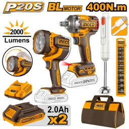 SET LLAVE DE IMPACTO 400NM 20V BATERIA P20S + LINTERNA 2000LM + MIXER  C BAT Y BOLSO INGCO COSLI240961
