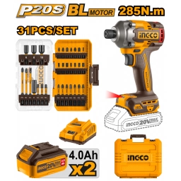 ATORNILLADOR DE IMPACTO 285NM 20V BATERIA P20S + JUEGO 31 PUNTAS Y DADOS C BAT Y VALIJA INGCO COSLI240966