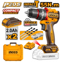 ATORNILLADOR PERCUTOR COMPACT A BATERIA 20V P20S 55NM CON 2X2AH BAT VALIJA Y MECHAS INGCO CIDLI20558 