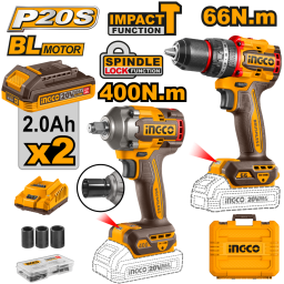 SET ATORNILLADOR PERCUTOR 20V BATERIA P20S + LLAVE DE IMPACTO 400NM 20V P20S C VALIJA Y BAT INGCO CKLI20275