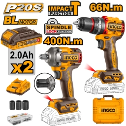 SET ATORNILLADOR PERCUTOR 20V BATERIA P20S + LLAVE DE IMPACTO 400NM 20V P20S C VALIJA Y BAT INGCO CKLI20275