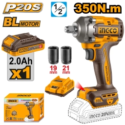 LLAVE DE IMPACTO A BATERIA 350 NM 20V P20S 1/2" BRUSHLESS MOTOR CON BAT + CARGADOR + SET DADOS INGCO CIWLI20351