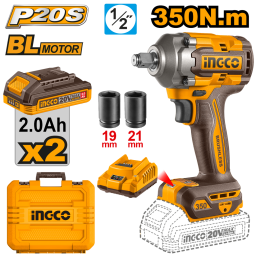 LLAVE DE IMPACTO A BATERIA 350NM 20V P20S 12 BRUSHLESS MOTOR  CON 2 BAT + CARGADOR + SET DADOS + VALIJA INGCO CIWLI203