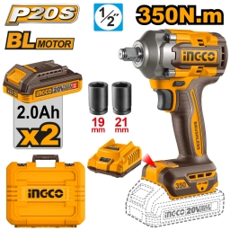 LLAVE DE IMPACTO A BATERIA 350NM 20V P20S 12 BRUSHLESS MOTOR  CON 2 BAT + CARGADOR + SET DADOS + VALIJA INGCO CIWLI203