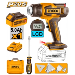 PISTOLA DE CALOR A BATERÍA 5.0AH 20V P20S CBATERIA + CARGADOR + VALIJA + ACCESORIOS INGCO HGLI20035