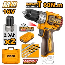 TALADRO ATORNILLADOR C/PERCUTOR 16V M16 60Nm 2.0AH BRUSHLESS MOTOR C/2 BATER�AS + CARGADOR + PUNTAS + VALIJA INGCO CIDLI