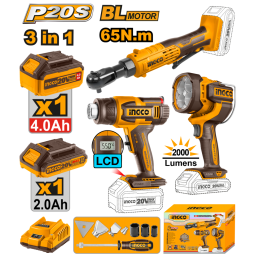 KIT COMBO A BATERIA P20S 20V LLAVE CRIQUE + PISTOLA DE CALOR + LINTERNA C2 BATERIAS, CARGADOR Y ACCESORIOS INGCO COSLI2