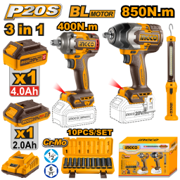 KIT COMBO A BATERIA P20S 20V 2 LLAVES DE IMPACTO 400NM y 850NM + LINTERNA C 2 BATERIAS, CARGADOR Y ACCESORIOS INGCO COS