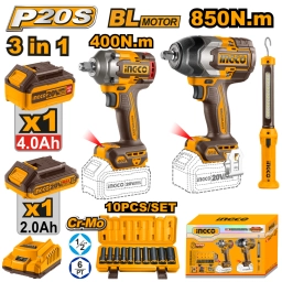 KIT COMBO A BATERIA P20S 20V 2 LLAVES DE IMPACTO 400NM y 850NM + LINTERNA C/ 2 BATERIAS, CARGADOR Y ACCESORIOS INGCO COS