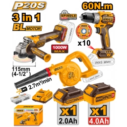 KIT COMBO A BATERIA P20S 20V AMOLADORA + TALADRO + SOPLADORA C/2 BATERIAS, CARGADOR Y ACCESORIOS INGCO COSLI241192