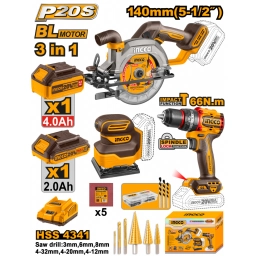 KIT COMBO A BATERIA P20S 20V SIERRA CIRCULAR + TALADRO ATORNILLADOR CPERCUTOR + LIJADORA C2 BATERIAS, CARGADOR Y ACCES