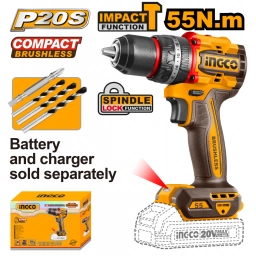 TALADRO ATORNILLADOR CPERCUTOR A BATERIA 20V P20S BRUSHLESS 55NM CON ACCESORIOS, SBAT Y SCARG INGCO CIDLI205581