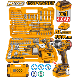 KIT SET 152 HERRAMIENTAS COMBINADAS CLLAVE DE IMPACTO P20S 500NM CON BAT + CARGADOR EN VALIJA INGCO HKTHP31521
