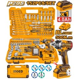 KIT SET 152 HERRAMIENTAS COMBINADAS CLLAVE DE IMPACTO P20S 500NM CON BAT + CARGADOR EN VALIJA INGCO HKTHP31521