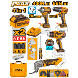 KIT COMBO A BATERIA P20S 20V C LLAVE DE IMPACTO + TALADRO ATORNILLADOR CPERCUTOR + HERRAMIENTA MULTIFUNCION + PISTOLA 