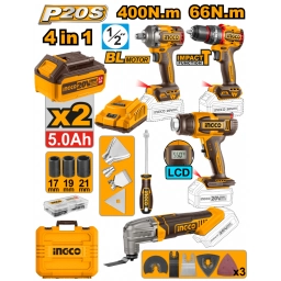 KIT COMBO A BATERIA P20S 20V C LLAVE DE IMPACTO + TALADRO ATORNILLADOR CPERCUTOR + HERRAMIENTA MULTIFUNCION + PISTOLA 