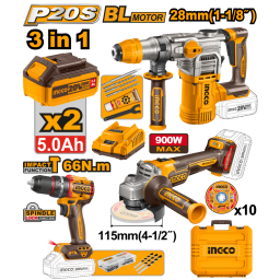 KIT COMBO A BATERIA P20S 20V CTALADRO ATORNILLADOR CPERCUTOR + AMOLADORA +  ROTOMARTILLO C2 BATERIAS, CARGADOR, ACCES