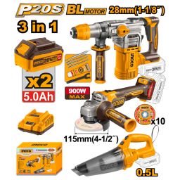 KIT COMBO A BATERIA P20S 20V CROTOMARTILLO + AMOLADORA + ASPIRADORA C 2 BATERIAS, CARGADOR Y ACCESORIOS INGCO COSLI240