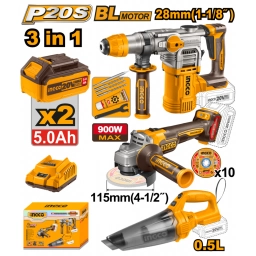 KIT COMBO A BATERIA P20S 20V CROTOMARTILLO + AMOLADORA + ASPIRADORA C 2 BATERIAS, CARGADOR Y ACCESORIOS INGCO COSLI240
