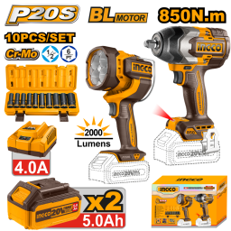 KIT COMBO A BATERIA P20S 20V CLLAVE DE IMPACTO + LINTERNA C2 BATERIAS, CARGADOR + SET 10 DADOS 12 INGCO COSLI241181