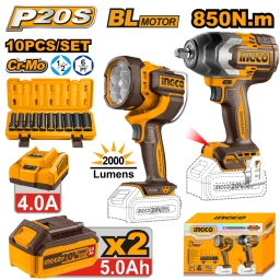 KIT COMBO A BATERIA P20S 20V CLLAVE DE IMPACTO + LINTERNA C2 BATERIAS, CARGADOR + SET 10 DADOS 12 INGCO COSLI241181