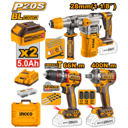 KIT COMBO A BATERIA P20S 20V CROTOMARTILLO + LLAVE DE IMPACTO + TALADRO ATORNILLADOR CPERCUTOR C 2 BAT, CARGADOR, ACC