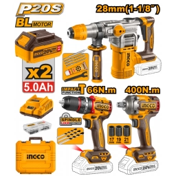 KIT COMBO A BATERIA P20S 20V CROTOMARTILLO + LLAVE DE IMPACTO + TALADRO ATORNILLADOR CPERCUTOR C 2 BAT, CARGADOR, ACC