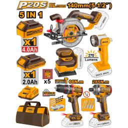 KIT COMBO A BATERIA P20S 20V SIERRA CIRCULAR + TALADRO ATORNILLADOR CPERCUTOR + ATORNILLADOR + LIJADORA + LINTERNA C 2