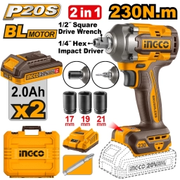 LLAVE Y ATORNILLADOR DE IMPACTO A BATER�A 20V P20S 230NM C/2BAT, CARGADOR, 3 DADOS 17,19,21MM + PUNTA Y VALIJA INGCO CIW
