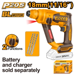 ROTOMARTILLO A BATER�A 20V P20S SDS PLUS 1.8J + 3 MECHAS S/BAT Y S/CARGADOR INGCO CRHLI20188