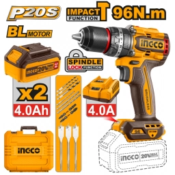 TALADRO ATORNILLADOR PERCUTOR A BATERÍA 20V P20S BRUSHLESS 96NM C2BAT, CARGADOR, VALIJA Y ACCESORIOS INGCO CIDLI20968