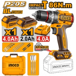 TALADRO ATORNILLADOR PERCUTOR A BATER�A 20V P20S BRUSHLESS 86NM C/2BATER�AS, CARGADOR, VALIJA Y ACCESORIOS INGCO CIDLI20