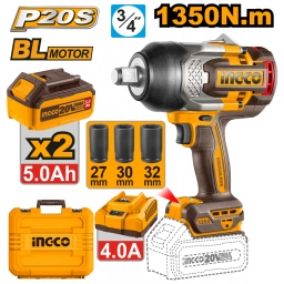 LLAVE DE IMPACTO A BATER�A 20V P20S 3/4" 1350NM C/2BATER�AS, CARGADOR, VALIJA + 3DADOS 27, 30, 32MM INGCO CIWLI20135