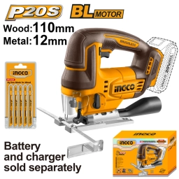 SIERRA CALADORA A BATER�A BRUSHLESS 20V P20S + SET 5 HOJAS SIERRA S/BAT Y S/CARGADOR INGCO CJSLI1008