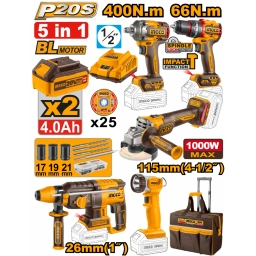 KIT A BATER�A 20V P20S 5PCS BRUSHLESS MOTOR C/BATER�AS, CARGADOR, BOLSO Y ACCESORIOS INGCO CKLI2059 