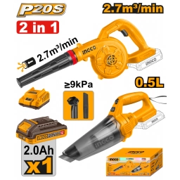 KIT A BATER�A 20V P20S SOPLADORA + ASPIRADORA 0.5L CBATER�A, CARGADOR Y ACCESORIOS INGCO COSLI240998