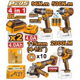 KIT A BATER�A 20V P20S 4PCS BRUSHLESS MOTOR C/BATER�AS, CARGADOR Y ACCESORIOS INGCO COSLI241292