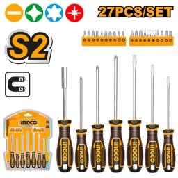 SET X 27 DESTORNILLADORES MANGO ERGONOMICO + PUNTAS IMANTADAS S2 INGCO HKSDS2728