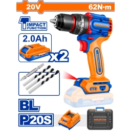 TALADRO ATORN. C/ PERCUTOR A BATER�A 20V P20S BRUSHLESS C/2BAT, CARGADOR, ACCESORIOS Y VALIJA WADFOW WCDP6281