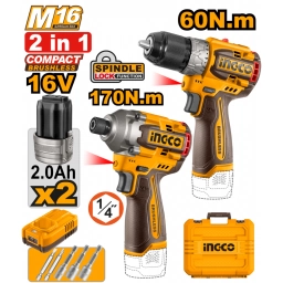 KIT A BATERIA M16 16V TALADRO ATORNILLADOR 60NM + ATORNILLADOR DE IMPACTO 170NM BRUSHLESS  C/2BAT, CARGADOR, VALIJA Y AC