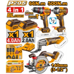 KIT A BATERIA P20S 20V 4 PIEZAS BRUSHLESS MOTOR C2BAT, CARGADOR Y ACCESORIOS INGCO COSLI241169