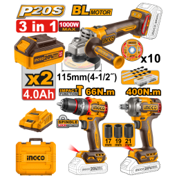 KIT A BATERIA P20S 20V 3 PIEZAS BRUSHLESS MOTOR C2BAT, CARGADOR, VALIJA Y ACCESORIOS INGCO COSLI241291