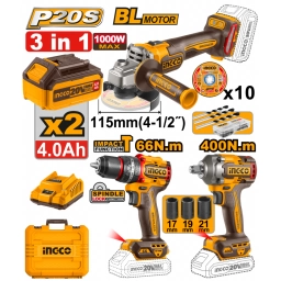 KIT A BATERIA P20S 20V 3 PIEZAS BRUSHLESS MOTOR C2BAT, CARGADOR, VALIJA Y ACCESORIOS INGCO COSLI241291