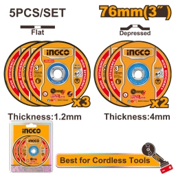 SET 5PCS DISCOS ABRASIVOS CORTE Y DESBASTE METAL 76MM 3" INGCO MCD303768