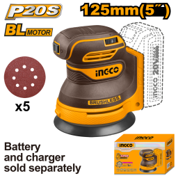 LIJADORA ROTO ORBITAL A BATERIA P20S 20V CON 5 LIJAS,  S/BAT,  S/CARG INGCO CROSLI2002