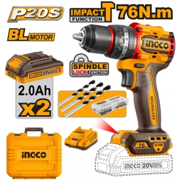 TALADRO ATORNILLADOR C/PERCUTOR 76NM  A BATER�A BRUSHLESS 20V P20S C/2 BAT, CARGADOR, ACCESORIOS Y VALIJA INGCO CIDLI207