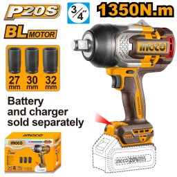 LLAVE DE IMPACTO A BATERIA BRUSHLESS 34 1350NM P20S 20V + 3 DADOS 27,30,32MM SBAT SCARG INGCO CIWLI201351