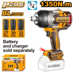 LLAVE DE IMPACTO A BATERIA BRUSHLESS 3/4" 1350NM P20S 20V + 3 DADOS 27,30,32MM S/BAT S/CARG INGCO CIWLI201351