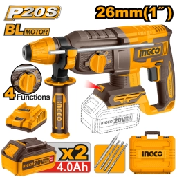 ROTOMARTILLO A BATERÍA BRUSHLESS MOTOR 20V P20S C/2BAT, CARGADOR, VALIJA Y ACCESORIOS INGCO CRHLI202682