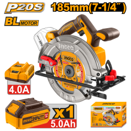 SIERRA CIRCULAR A BATERIA 20V P20S BRUSHLESS MOTOR 185MM C/BAT + CARGADOR + ACCESORIOS INGCO CSLI18513